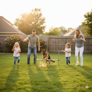 Family training German Shepherd outdoors