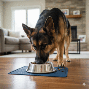 German Shepherd eating healthy dog food from bowl