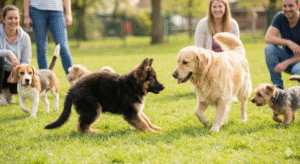 German Shepherd puppy socializing with other dogs