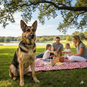 German Shepherd watching over family outdoors