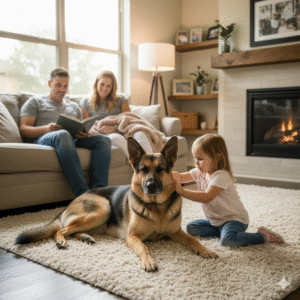 German Shepherd relaxing with family at home
