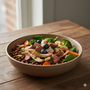 Healthy German Shepherd dog food bowl with balanced ingredients