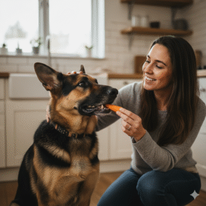 German Shepherd being given a safe and healthy dog treat