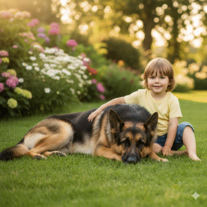 German Shepherd with child showing gentle nature