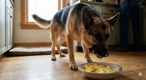 German Shepherd eating cooked eggs safely