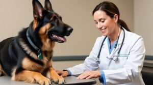 Veterinarian checking German Shepherd health