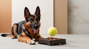 German Shepherd solving a puzzle