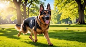 Healthy adult German Shepherd running outdoor