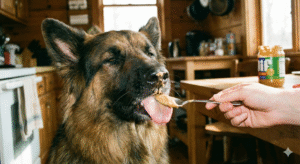 German Shepherd eating peanut butter safely