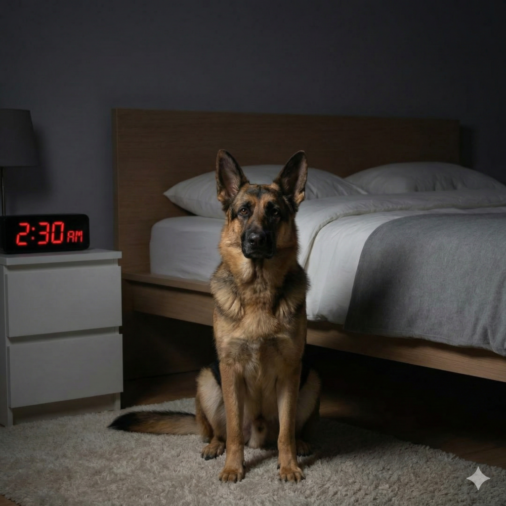 German Shepherd awake at night looking alert inside the house