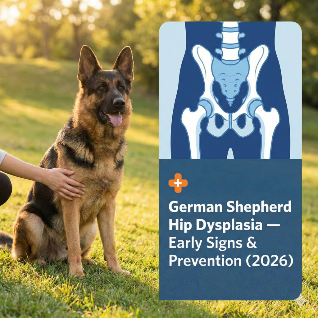 German Shepherd sitting with stiff hind legs showing hip pain