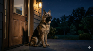 German Shepherd guarding at night