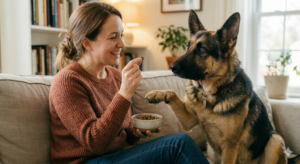 German Shepherd asking for food with paw