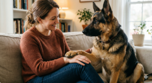 German Shepherd putting paw on owner