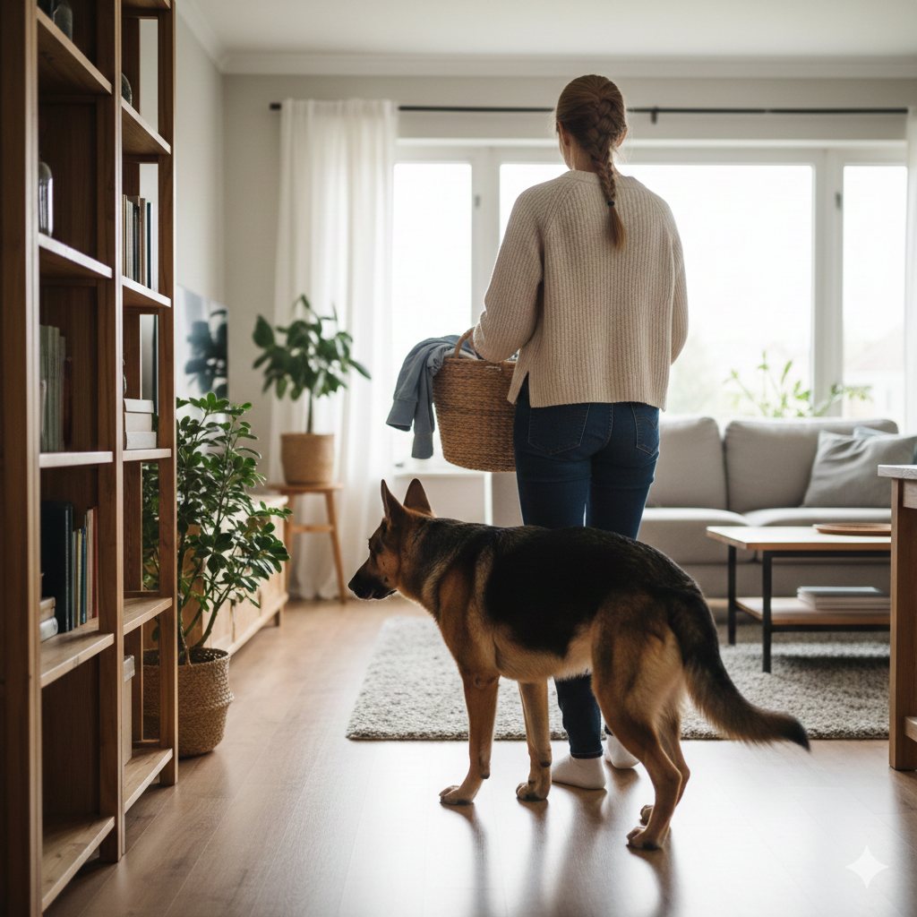 German Shepherd following owner around the house