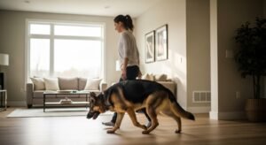 German Shepherd following owner around the house