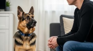 German Shepherd staring at owner