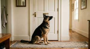 German Shepherd waiting outside bathroom