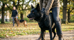 Black German Shepherd guarding owner